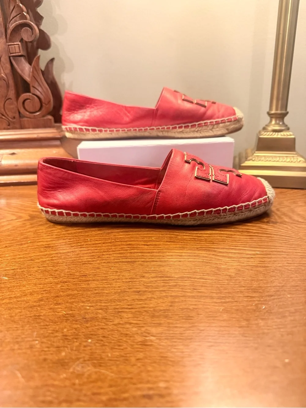 Tory Burch Ines Red Leather Logo Espadrilles Size 8.5